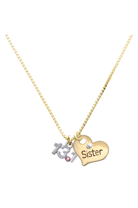 Silver-tone Half Marathon - 13.1 with Pink Crystal - Large Goldtone Sister Heart Charm Necklace, 17.5"+2" Extender