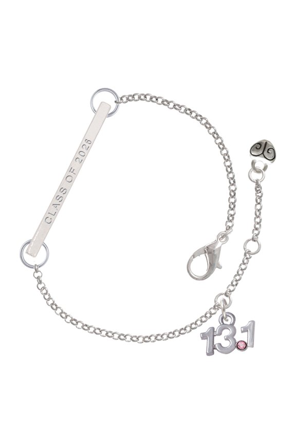 Silver-tone Half Marathon - 13.1 with Pink Crystal - Silvertone Class of 2026 Delicate Bar Bracelet, 8.5"
