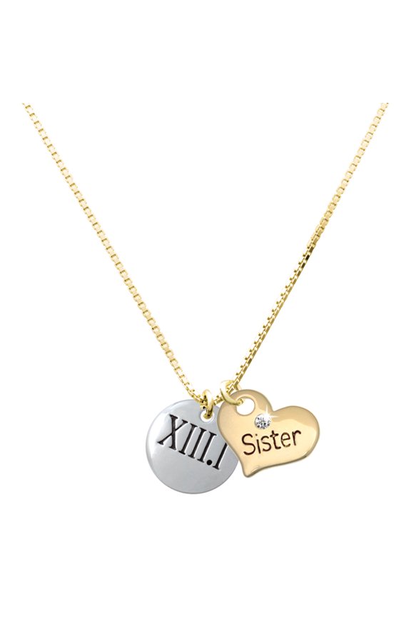 Silver-tone Half Marathon Roman Numeral - Large Goldtone Sister Heart Charm Necklace, 17.5"+2" Extender