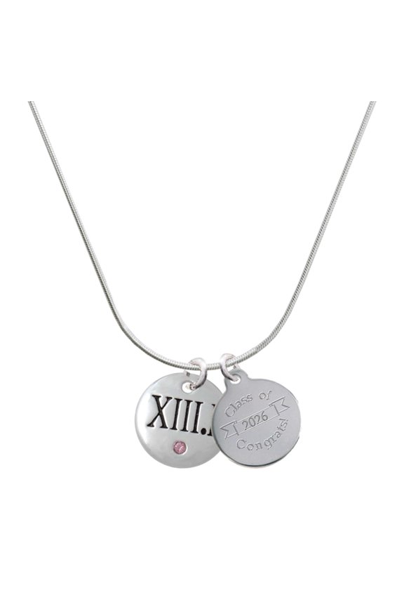 Silver-tone Half Marathon with Pink Crystal Roman Numeral - Engraved Congrats Class of 2026 Charm Necklace, 18"