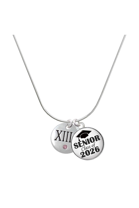 Silver-tone Half Marathon with Pink Crystal Roman Numeral - Silvertone Senior Class of 2026 Dome Necklace, 18"