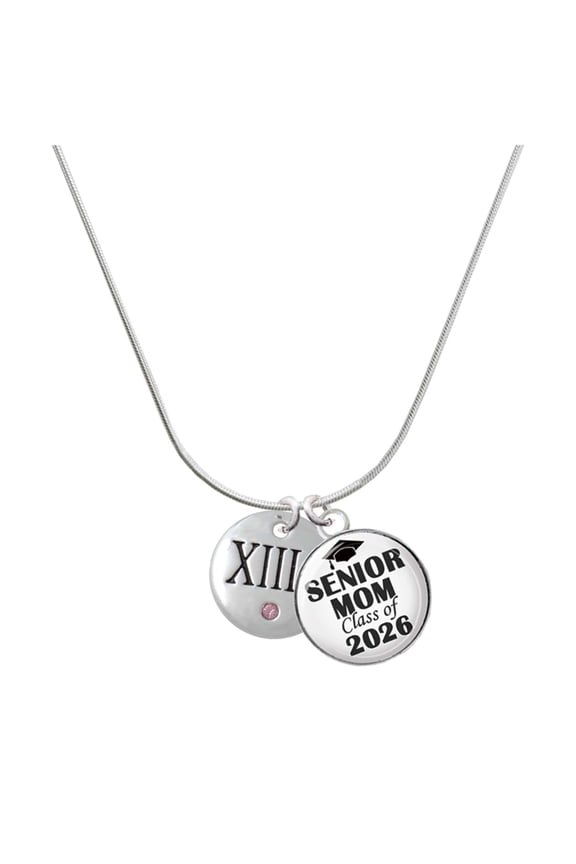 Silver-tone Half Marathon with Pink Crystal Roman Numeral - Silvertone Senior Mom Class of 2026 Dome Necklace, 18"