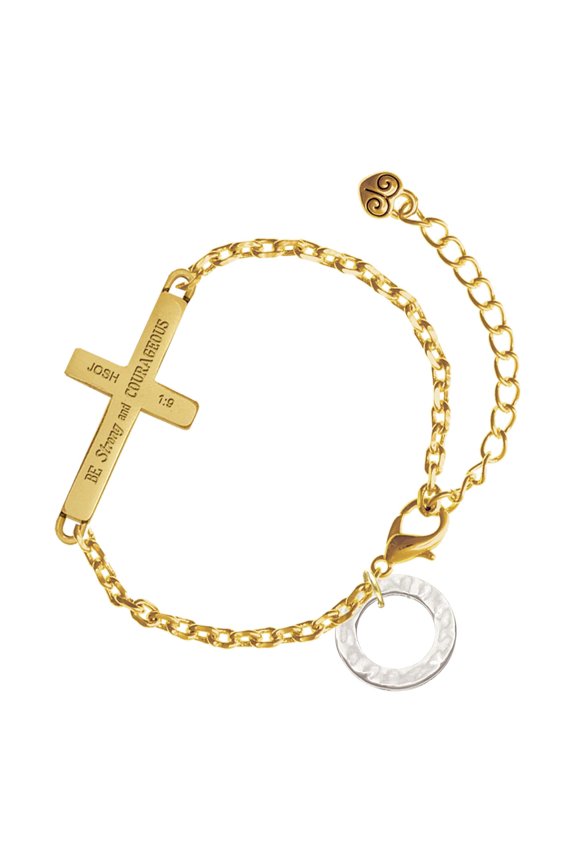 Silver-tone Hammered Karma Ring - Gold Tone Joshua 1:9 Strong and Courageous Engraved Cross Charm Bracelet, 6.5+1.5" Extender