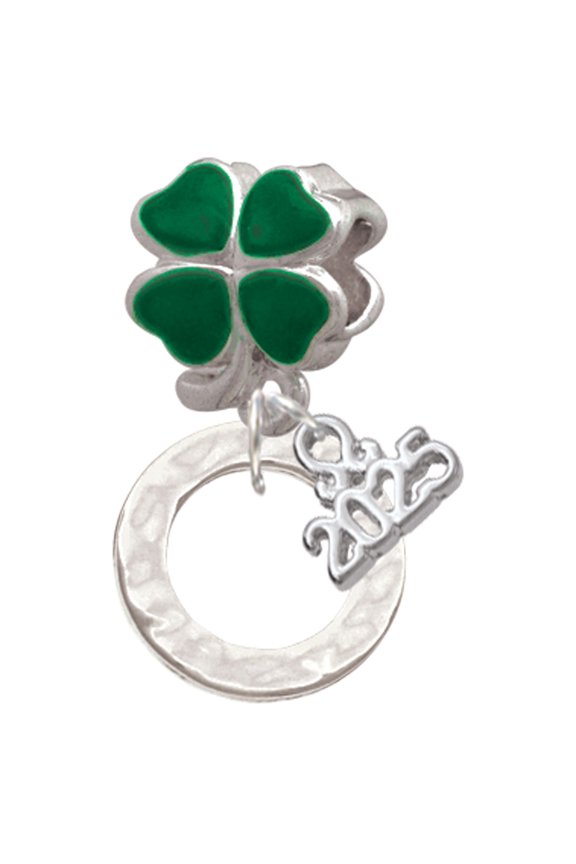 Silver-tone Hammered Karma Ring - Good Luck Green Four Leaf Clover Charm Bead Dangle with Mini 2025