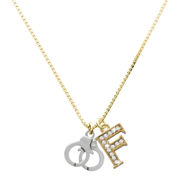 Delight Jewelry Silver-tone Handcuffs - Large Goldtone Crystal Initial - F - Charm Necklace, 17.5"+2"