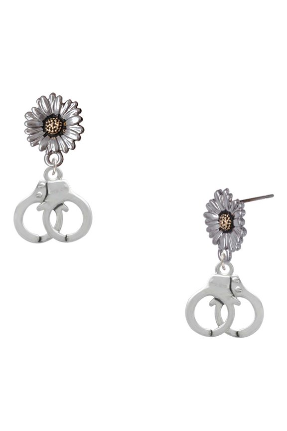 Silver-tone Handcuffs - Two-tone Daisy Flower Post Earrings