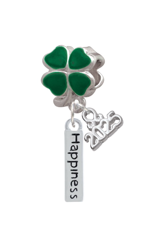 Silver-tone Happiness Rectangle - Good Luck Green Four Leaf Clover Charm Bead Dangle with Mini 2025