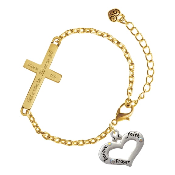 Delight Jewelry Silver-tone Heart with 3 AB Crystals - Believe Faith Prayer - Gold Tone Psalm 46:5 She will not fall Engraved Cross Charm Bracelet, 6.5+1.5" Extender