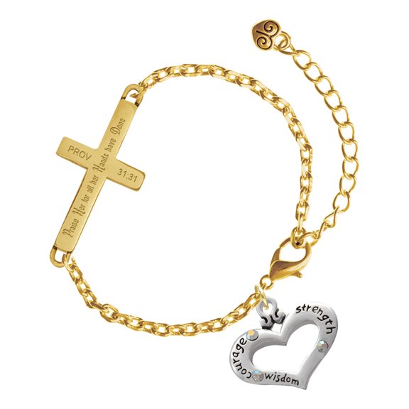 Delight Jewelry Silver-tone Heart with 3 AB Crystals - Courage Strength Wisdom - Gold Tone Proverbs 31:31 Praise Her for all Her Hands have Done Engraved Cross Charm Bracelet, 6.5+1.5" Extender