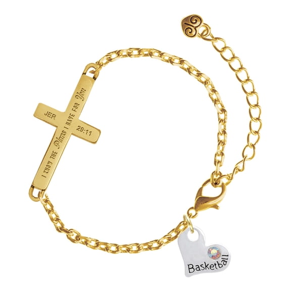 Delight Jewelry Silver-tone Heart with ''Basketball'' and AB Crystal - Gold Tone Jeremiah 29:11 I Have Plans for You Engraved Cross Charm Bracelet, 6.5+1.5" Extender