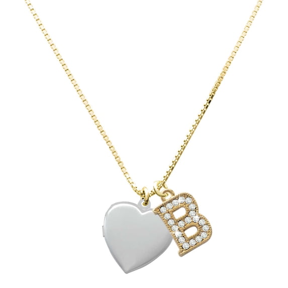 Delight Jewelry Silver-tone Heart Locket - Large Goldtone Crystal Initial - B - Charm Necklace, 17.5"+2"