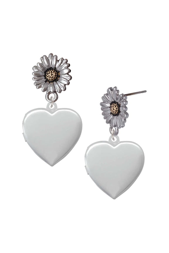 Silver-tone Heart Locket - Two-tone Daisy Flower Post Earrings