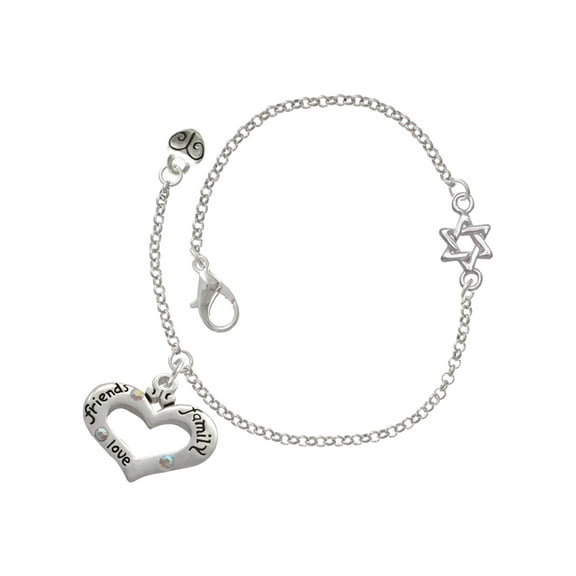 Delight Jewelry Silver-tone Heart with 3 AB Crystals - Friends Family Love - Silvertone Star of David Delicate Bracelet, 6.25+1.75" Extender