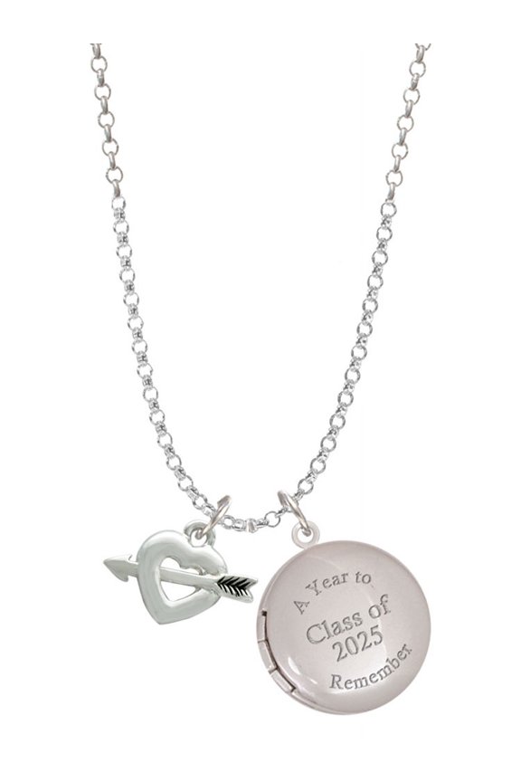 Silver-tone Heart with Arrow - Class of 2025 Year to Remember Locket Charm Necklace, 19+2" Extender