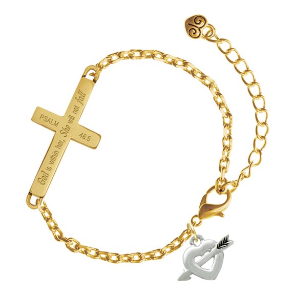Delight Jewelry Silver-tone Heart with Arrow - Gold Tone Psalm 46:5 She will not fall Engraved Cross Charm Bracelet, 6.5+1.5" Extender