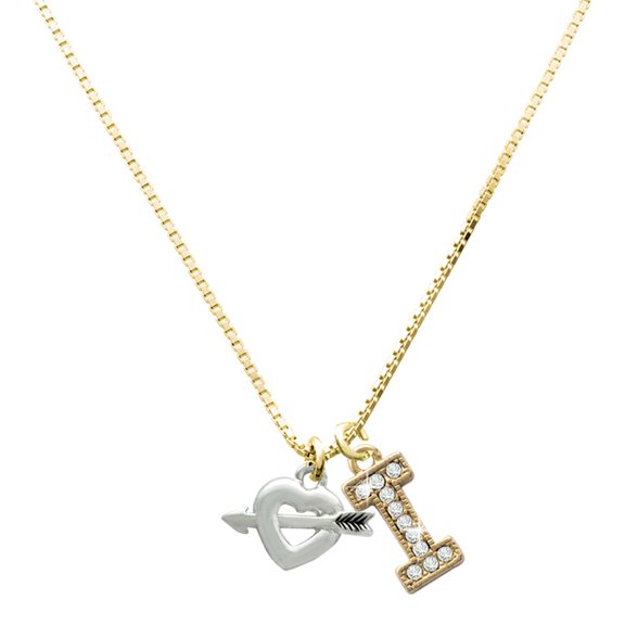 Delight Jewelry Silver-tone Heart with Arrow - Large Goldtone Crystal Initial - I - Charm Necklace, 17.5"+2"