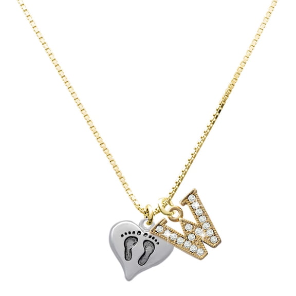 Delight Jewelry Silver-tone Heart with Foot Prints - Large Goldtone Crystal Initial - W - Charm Necklace, 17.5"+2"