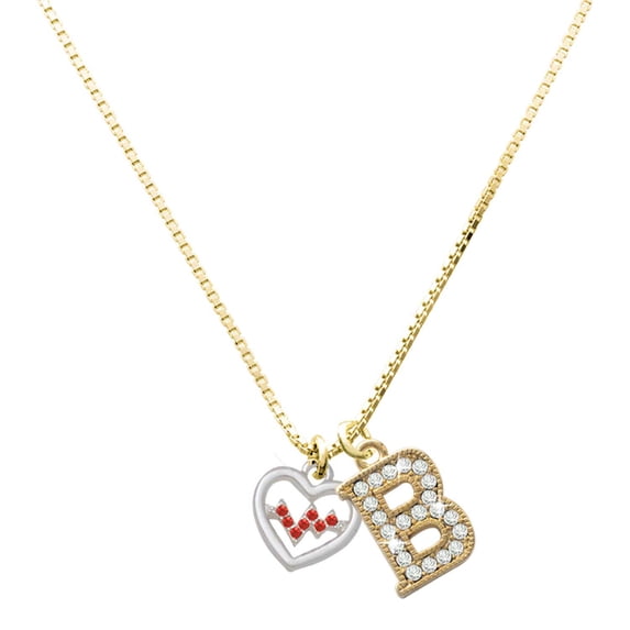 Delight Jewelry Silver-tone Heart with Red Crystal Heartbeat - Large Goldtone Crystal Initial - B - Charm Necklace, 17.5"+2"