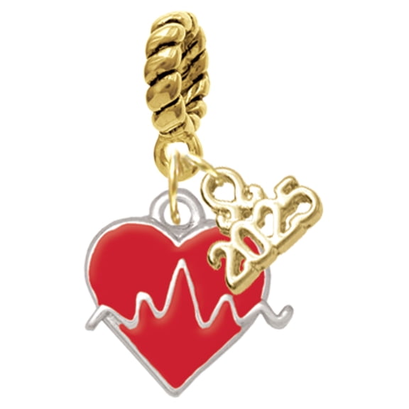 Delight Jewelry Silver-tone Heartbeat on Red Heart - Gold-tone Rope Charm Bead Dangle with Mini 2025