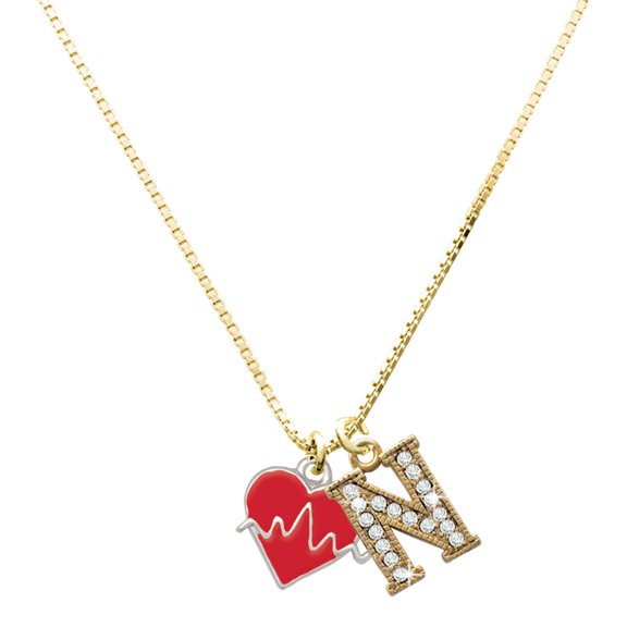 Delight Jewelry Silver-tone Heartbeat on Red Heart - Large Goldtone Crystal Initial - N - Charm Necklace, 17.5"+2"