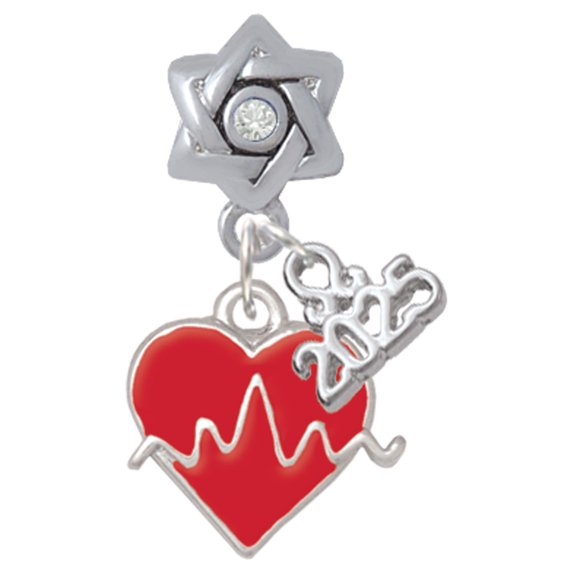 Delight Jewelry Silver-tone Heartbeat on Red Heart - Silver-tone Clear Star of David Charm Bead Dangle with Mini 2025