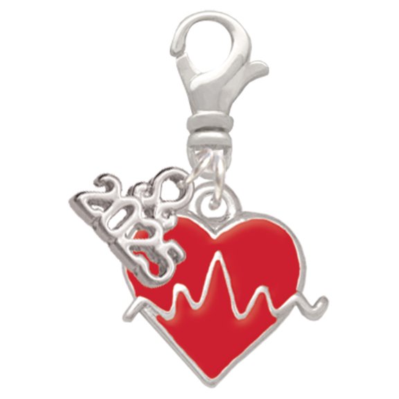 Delight Jewelry Silver-tone Heartbeat on Red Heart - Silver-tone Clip on Charm with Mini Year 2025