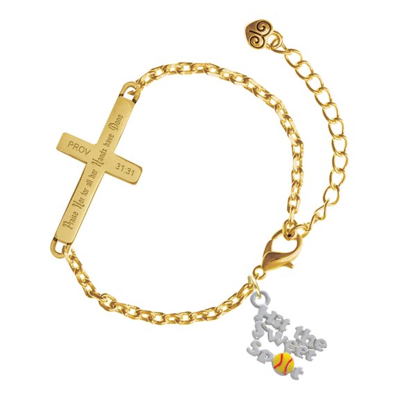 Delight Jewelry Silver-tone Hit the Sweet Spot with Yellow Softball - Gold Tone Proverbs 31:31 Praise Her for all Her Hands have Done Engraved Cross Charm Bracelet, 6.5+1.5" Extender
