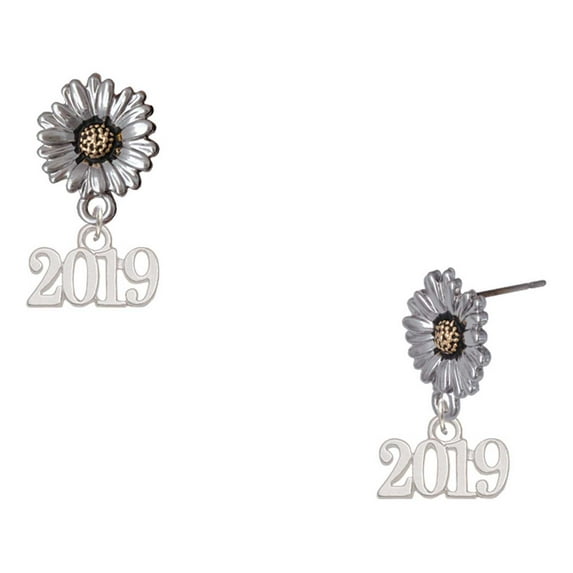 Delight Jewelry Silver-tone Horizontal Year 2019 - Two-tone Daisy Flower Post Earrings