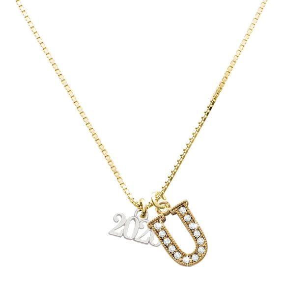 Delight Jewelry Silver-tone Horizontal Year 2020 - Large Goldtone Crystal Initial - U - Charm Necklace, 17.5"+2"