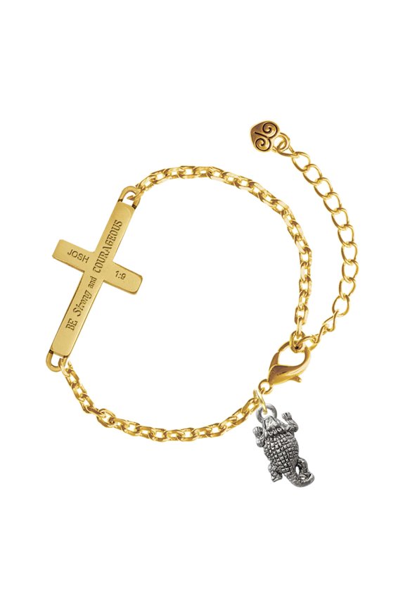 Silver-tone Horn Toad - Gold Tone Joshua 1:9 Strong and Courageous Engraved Cross Charm Bracelet, 6.5+1.5" Extender