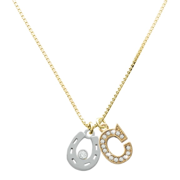 Delight Jewelry Silver-tone Horseshoe with Clear Crystal with a Large Goldtone Crystal Initial - C - Charm Necklace, 17.5"+2"