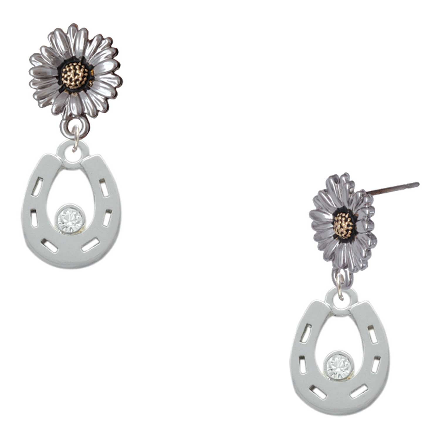 Delight Jewelry Silver-tone Horseshoe with Clear Crystal - Two-tone Daisy Flower Post Earrings
