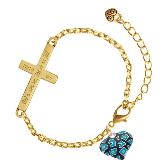 Delight Jewelry Silver-tone Hot Blue Cheetah Print Heart - Gold Tone Psalm 46:5 She will not fall Engraved Cross Charm Bracelet, 6.5+1.5" Extender