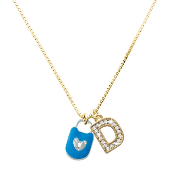 Delight Jewelry Silver-tone Hot Blue Enamel Lock with Clear Crystals - Large Goldtone Crystal Initial - D - Charm Necklace, 17.5"+2"