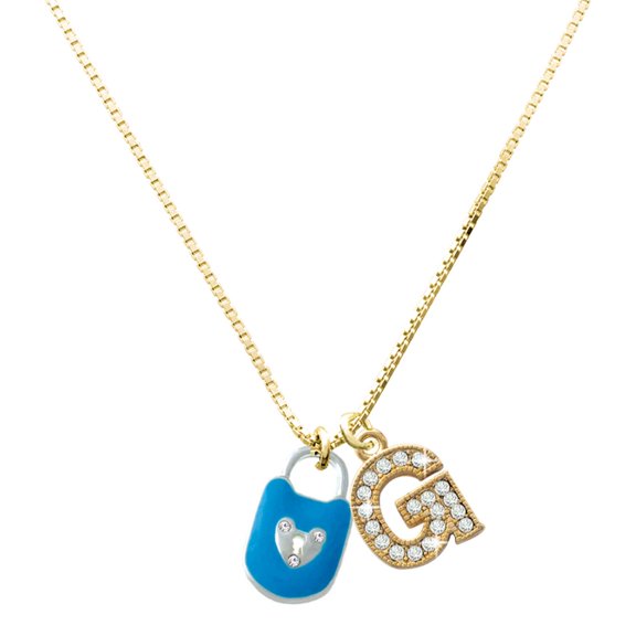 Delight Jewelry Silver-tone Hot Blue Enamel Lock with Clear Crystals and a Large Goldtone Crystal Initial G Charm Necklace, 17.5"+2"
