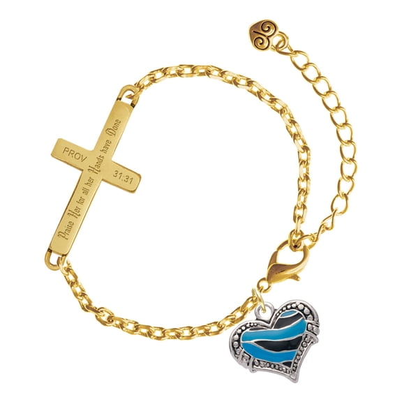 Delight Jewelry Silver-tone Hot Blue Tiger Print Heart - Gold Tone Proverbs 31:31 Praise Her for all Her Hands have Done Engraved Cross Charm Bracelet, 6.5+1.5" Extender
