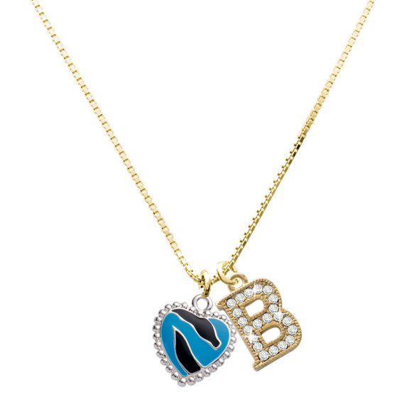 Delight Jewelry Silver-tone Hot Blue Zebra Print Heart - Large Goldtone Crystal Initial - B - Charm Necklace, 17.5"+2"