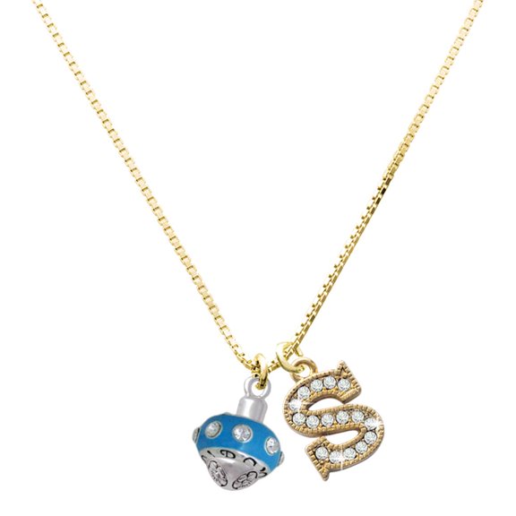 Delight Jewelry Silver-tone Hot Blue with Crystals Spinner - Large Goldtone Crystal Initial - S - Charm Necklace, 17.5"+2"