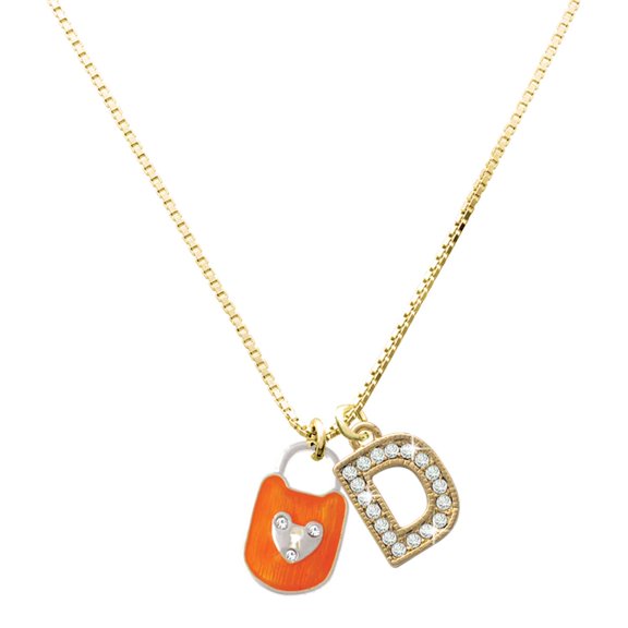 Delight Jewelry Silver-tone Hot Orange Enamel Lock with Clear Crystals - Large Goldtone Crystal Initial - D - Charm Necklace, 17.5"+2"