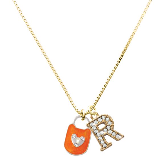 Delight Jewelry Silver-tone Hot Orange Enamel Lock with Clear Crystals - Large Goldtone Crystal Initial - R - Charm Necklace, 17.5"+2"