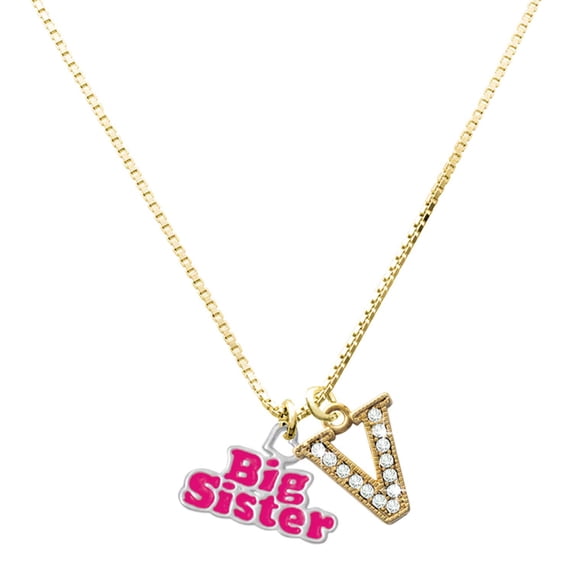 Delight Jewelry Silver-tone Hot Pink ''Big Sister'' with Heart - Large Goldtone Crystal Initial - V - Charm Necklace, 17.5"+2"