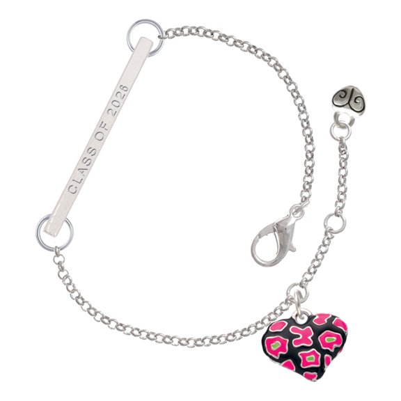 Delight Jewelry Silver-tone Hot Pink Cheetah Print Heart - Silvertone Class of 2026 Delicate Bar Bracelet, 8.5"