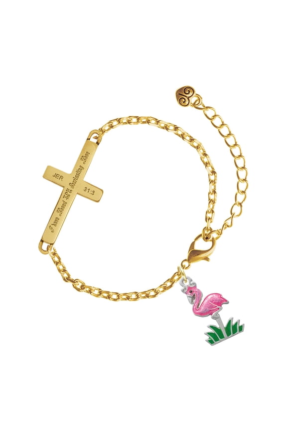 Silver-tone Hot Pink Enamel Flamingo with Grass - Gold Tone Jeremiah 31:3 Everlasting Love Engraved Cross Charm Bracelet, 6.5+1.5" Extender