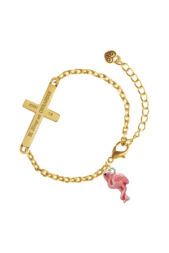 Silver-tone Hot Pink Flamingo - Gold Tone Joshua 1:9 Strong and Courageous Engraved Cross Charm Bracelet, 6.5+1.5" Extender