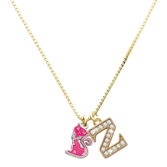 Delight Jewelry Silver-tone Hot Pink Glitter Cat - Large Goldtone Crystal Initial - Z - Charm Necklace, 17.5"+2"
