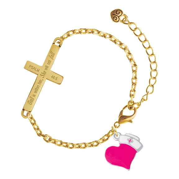 Delight Jewelry Silver-tone Hot Pink Heart with Nurse Hat - Gold Tone Psalm 46:5 She will not fall Engraved Cross Charm Bracelet, 6.5+1.5" Extender