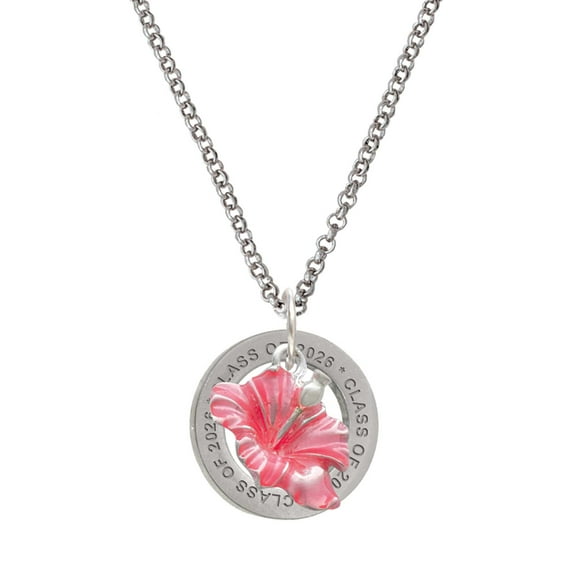 Delight Jewelry Silver-tone Hot Pink Hibiscus Flower - Class of 2026 Affirmation Ring Necklace, 23"