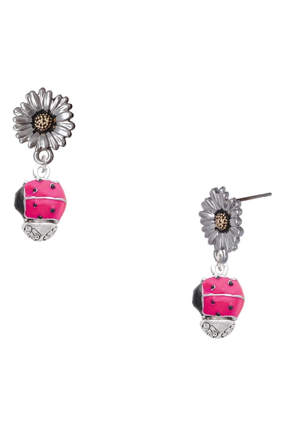 Silver-tone Hot Pink Ladybug Spinner - Two-tone Daisy Flower Post Earrings