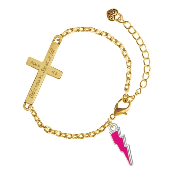 Delight Jewelry Silver-tone Hot Pink Lightning Bolt - Gold Tone Psalm 46:5 She will not fall Engraved Cross Charm Bracelet, 6.5+1.5" Extender