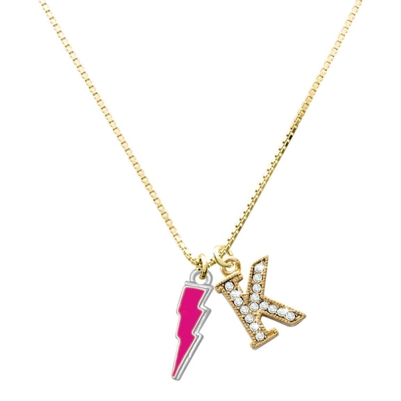 Delight Jewelry Silver-tone Hot Pink Lightning Bolt - Large Goldtone Crystal Initial - K - Charm Necklace, 17.5"+2"